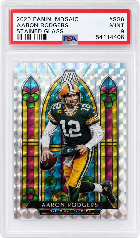 2020 Panini Mosaic Aaron Rodgers Stained Glass #SG6, graded PSA 9 Mint